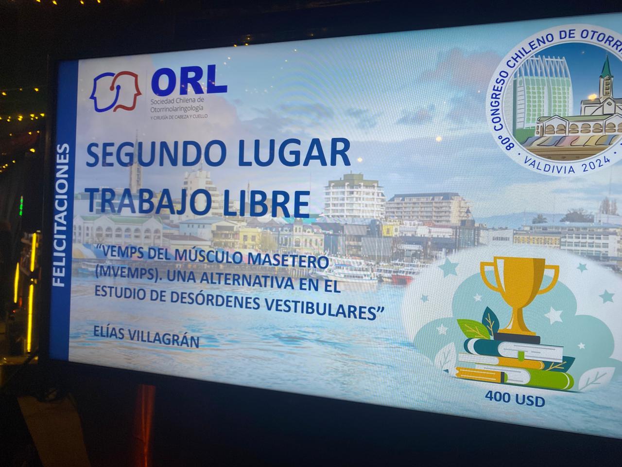 Segundo Lugar Trabajo Libre por el estudio de VEMPS del músculo masetero, Congreso SOCHIORL Valdivia 2024